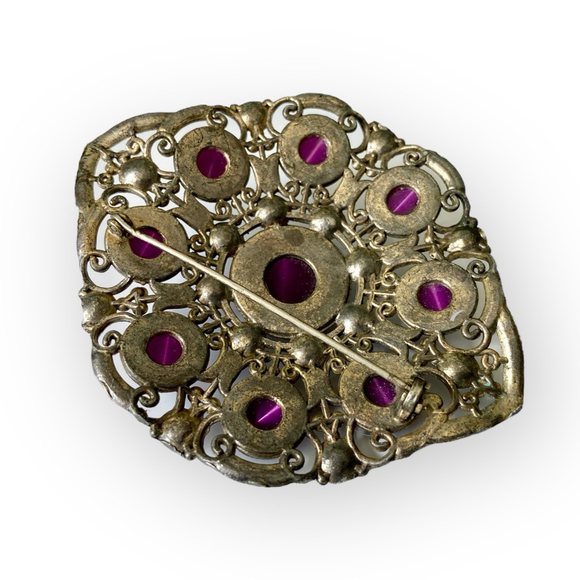 Large Antique Purple Cabochon Turquoise Enamel Austro Hungarian Brooch Sash Pin - Picture 6 of 7